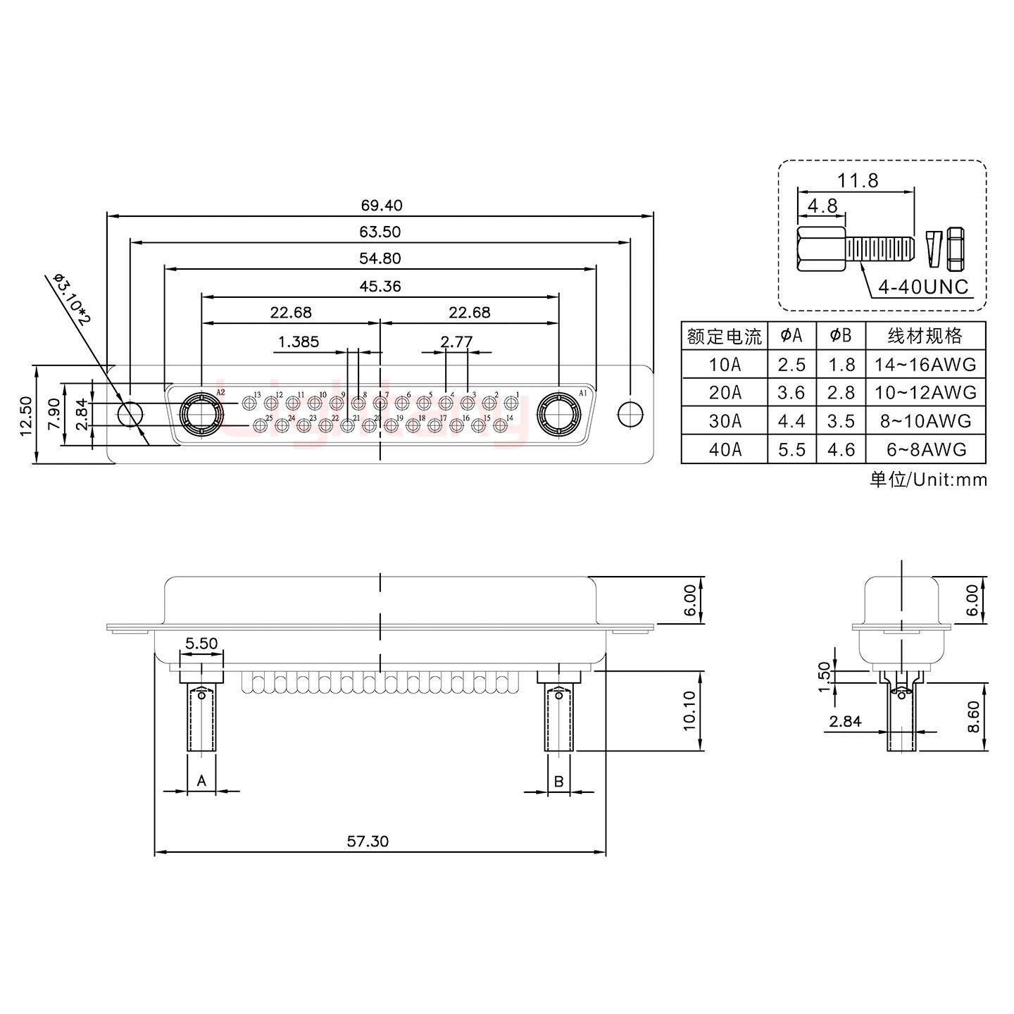 27W2母壓線式/配螺絲螺母/大電流10A