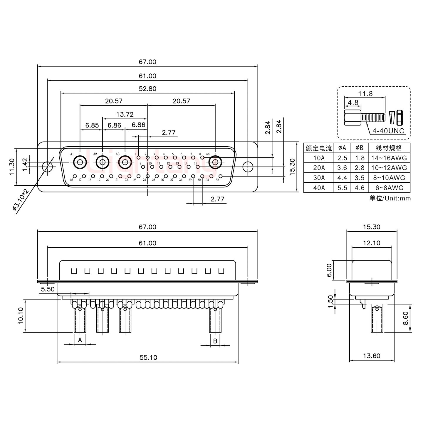 36W4公壓線式/配螺絲螺母/大電流20A