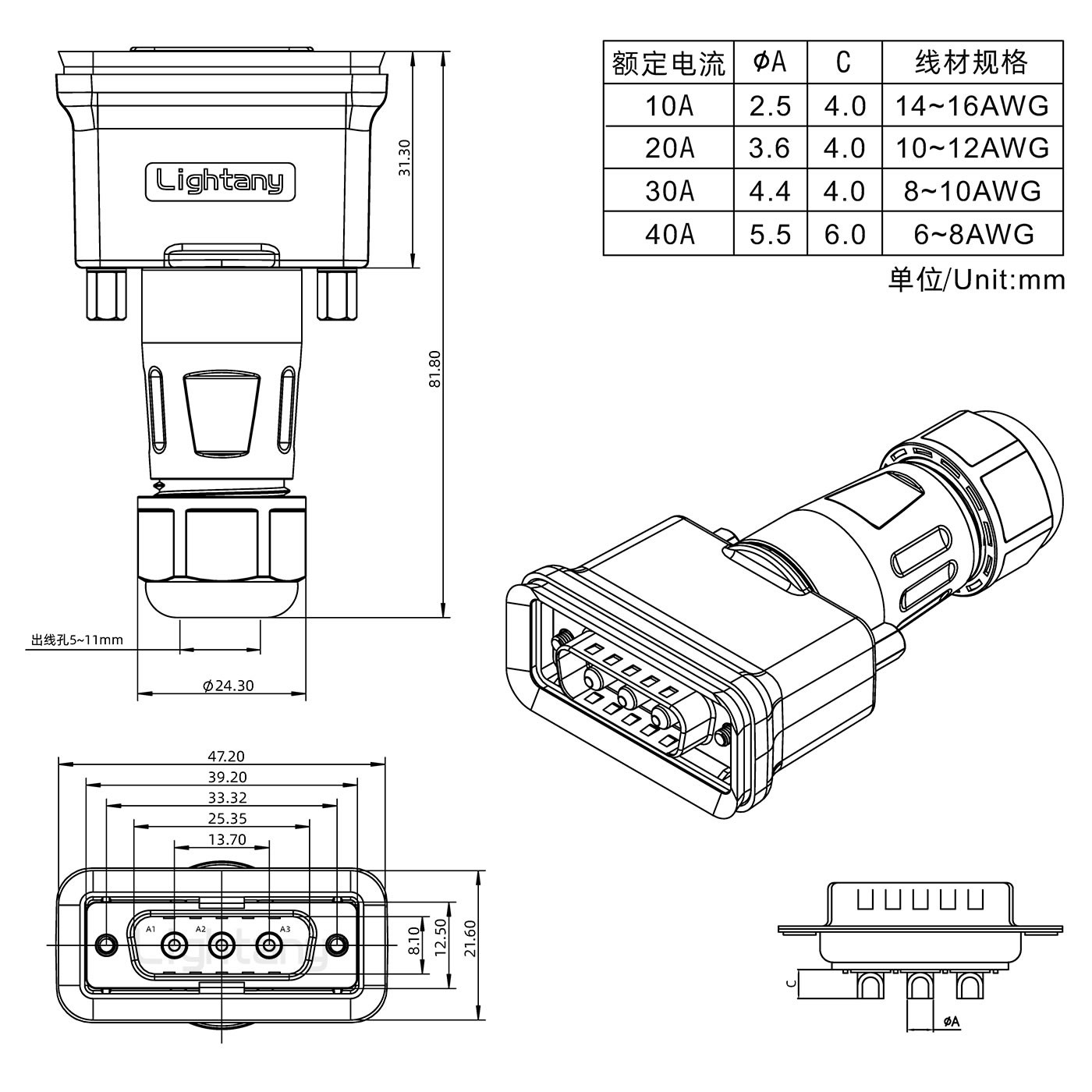 3W3公頭焊線+防水接頭/線徑5~11mm/大電流40A