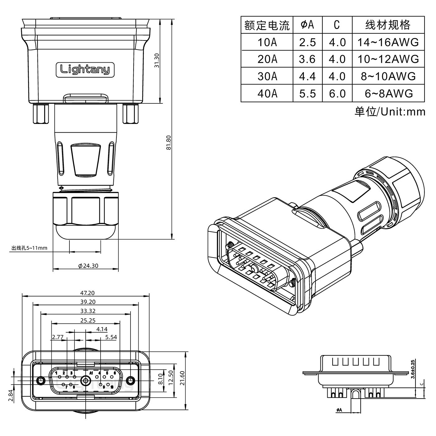 11W1公頭焊線+防水接頭/線徑5~11mm/大電流40A