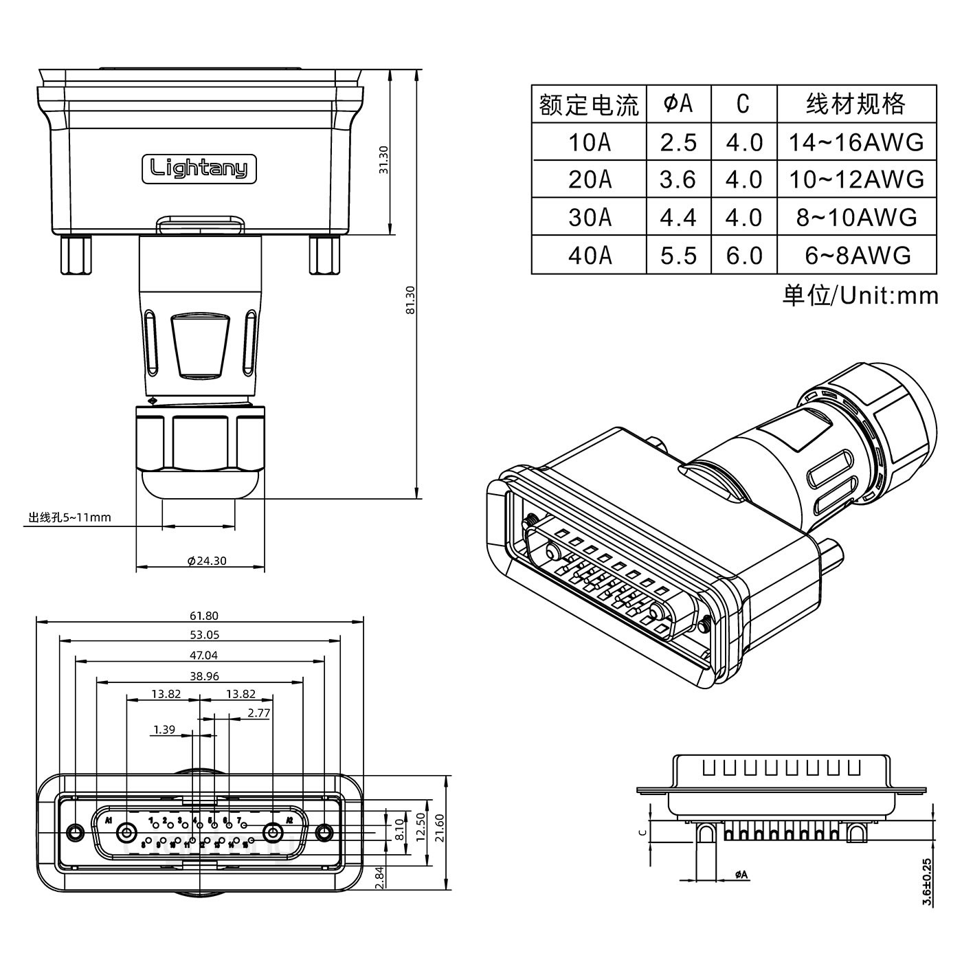 17W2公頭焊線+防水接頭/線徑5~11mm/大電流40A