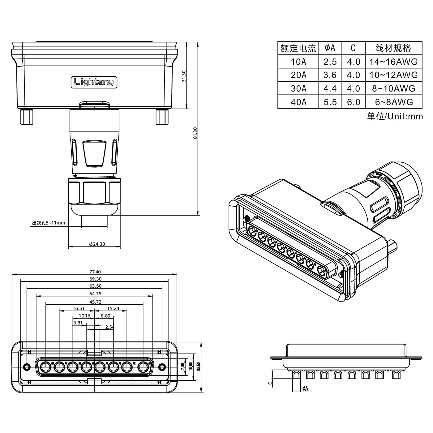 8W8公頭焊線+防水接頭/線徑5~11mm/大電流40A