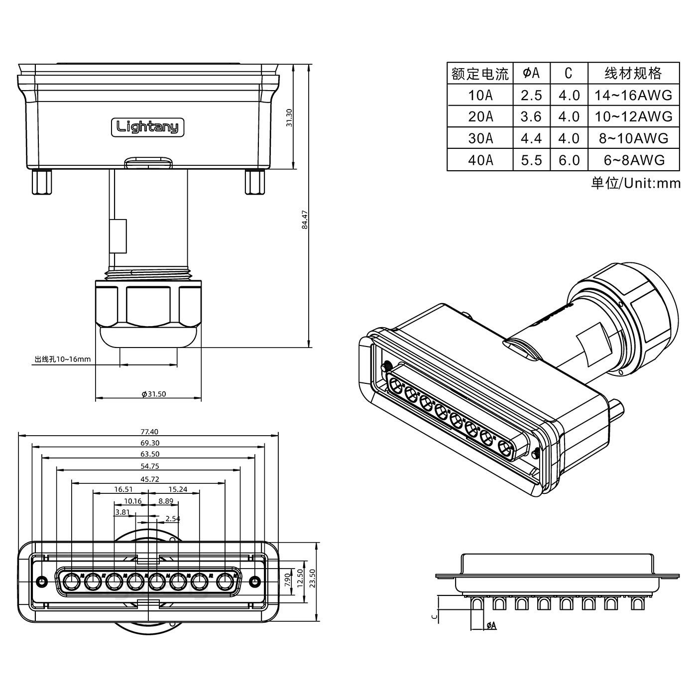 8W8公頭焊線+防水接頭/線徑10~16mm/大電流40A