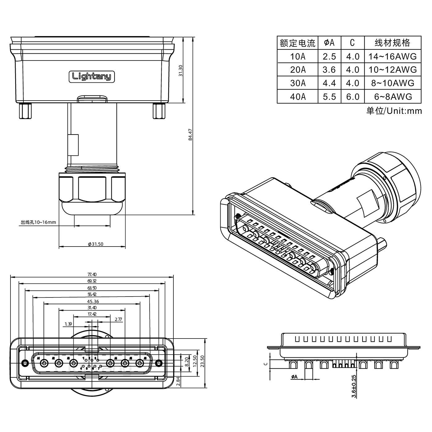 13W6A公頭焊線+防水接頭/線徑10~16mm/大電流40A