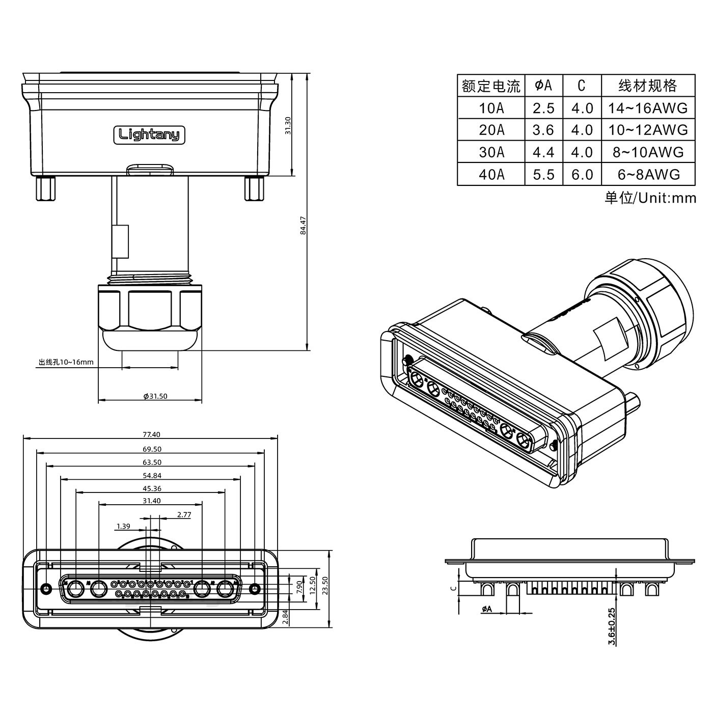 21W4母頭焊線+防水接頭/線徑10~16mm/大電流40A