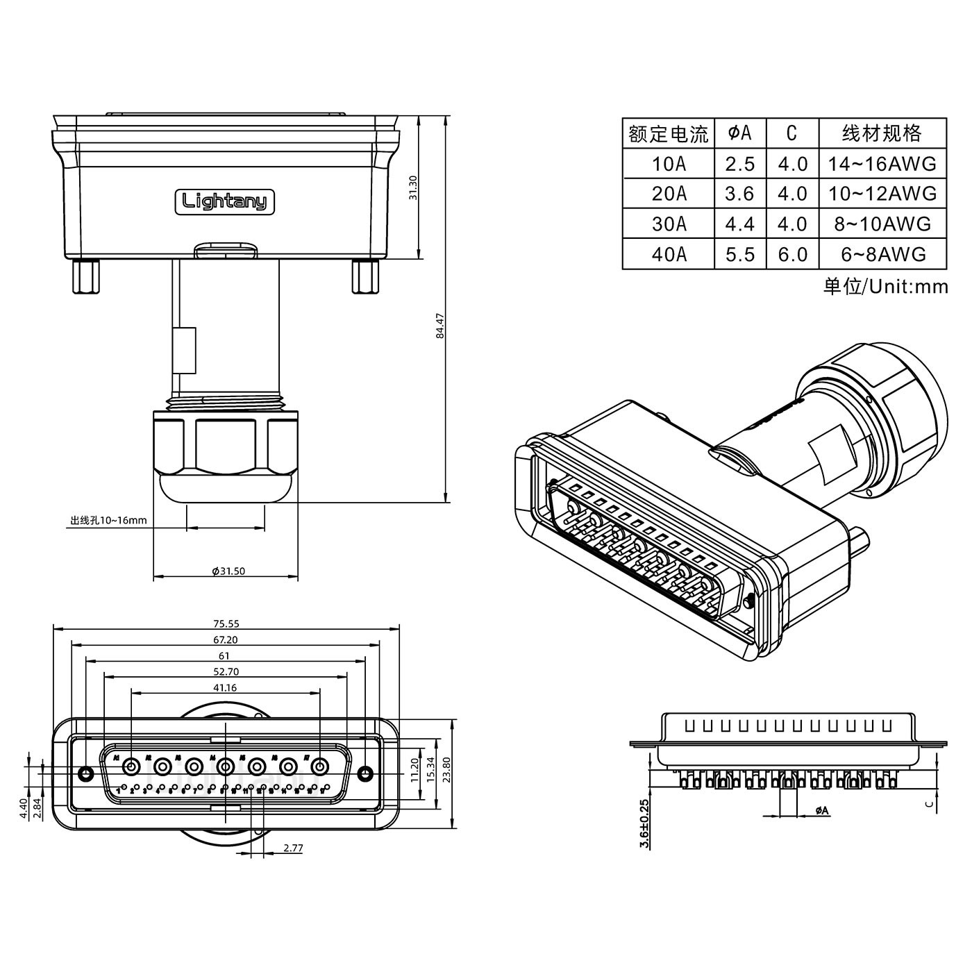 24W7公頭焊線+防水接頭/線徑10~16mm/大電流40A