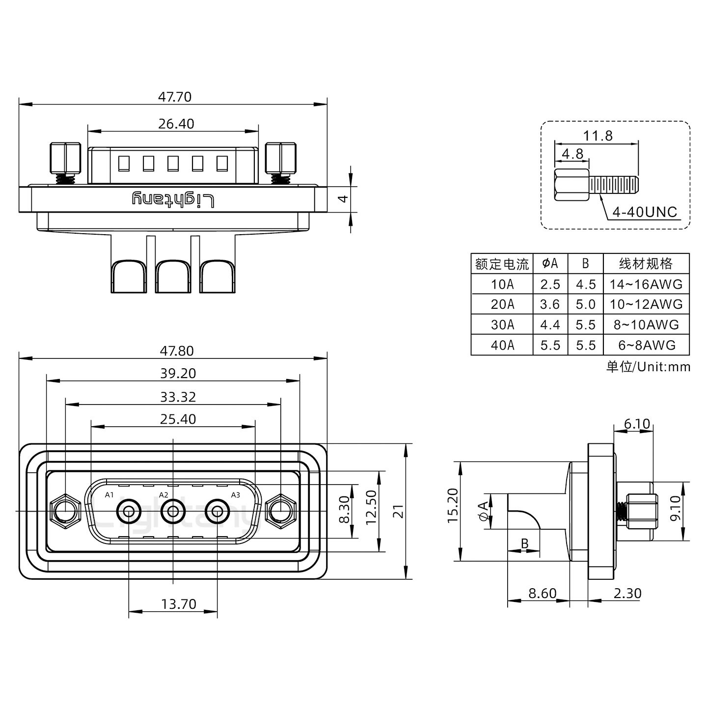 防水3W3公焊線式/鎖螺絲/大電流40A