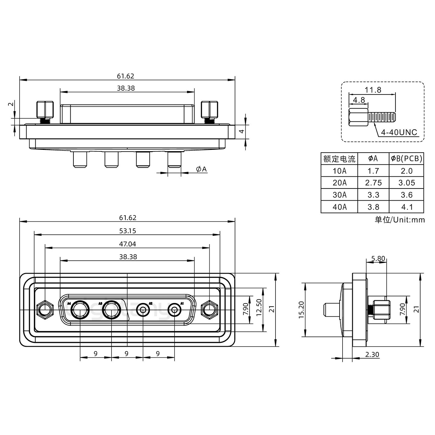 防水4V4母直插板/鎖螺絲/大電流40A