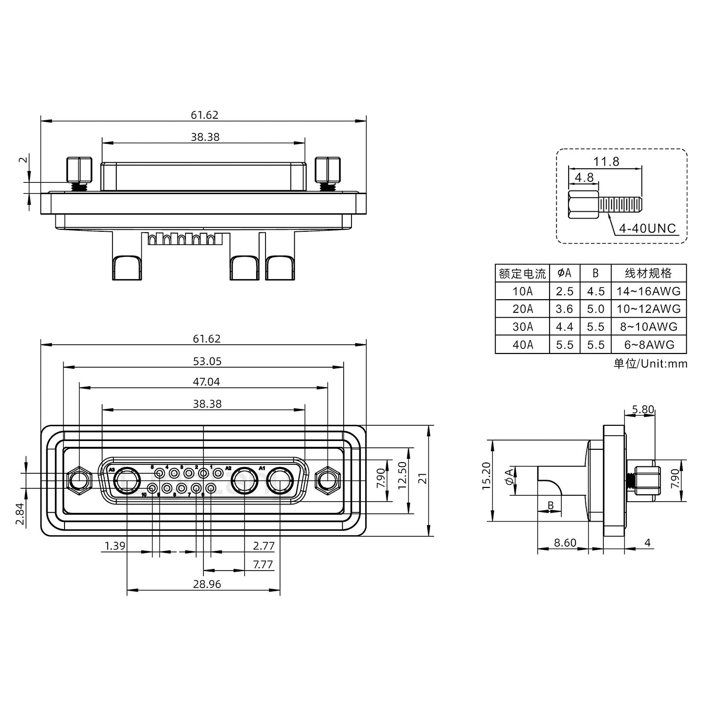 防水13W3母焊線式/鎖螺絲/大電流40A