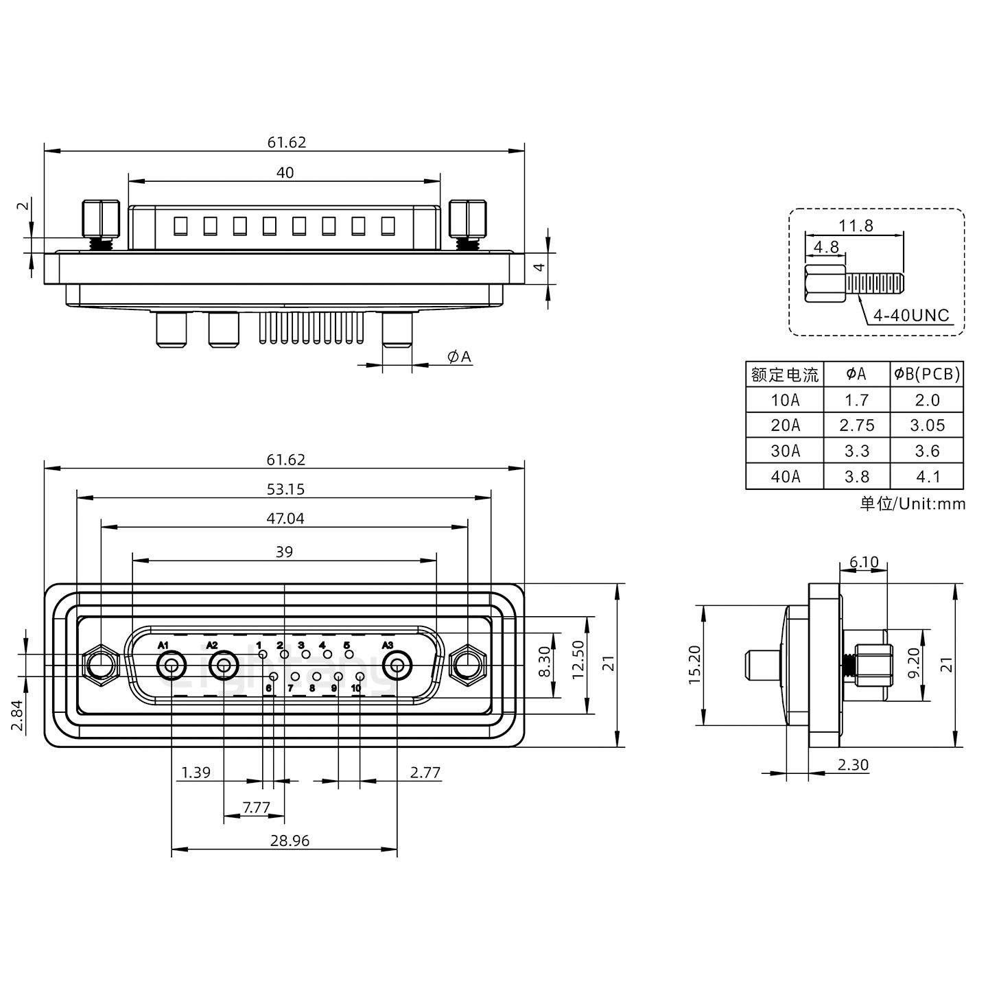 防水13W3公直插板/鎖螺絲/大電流40A