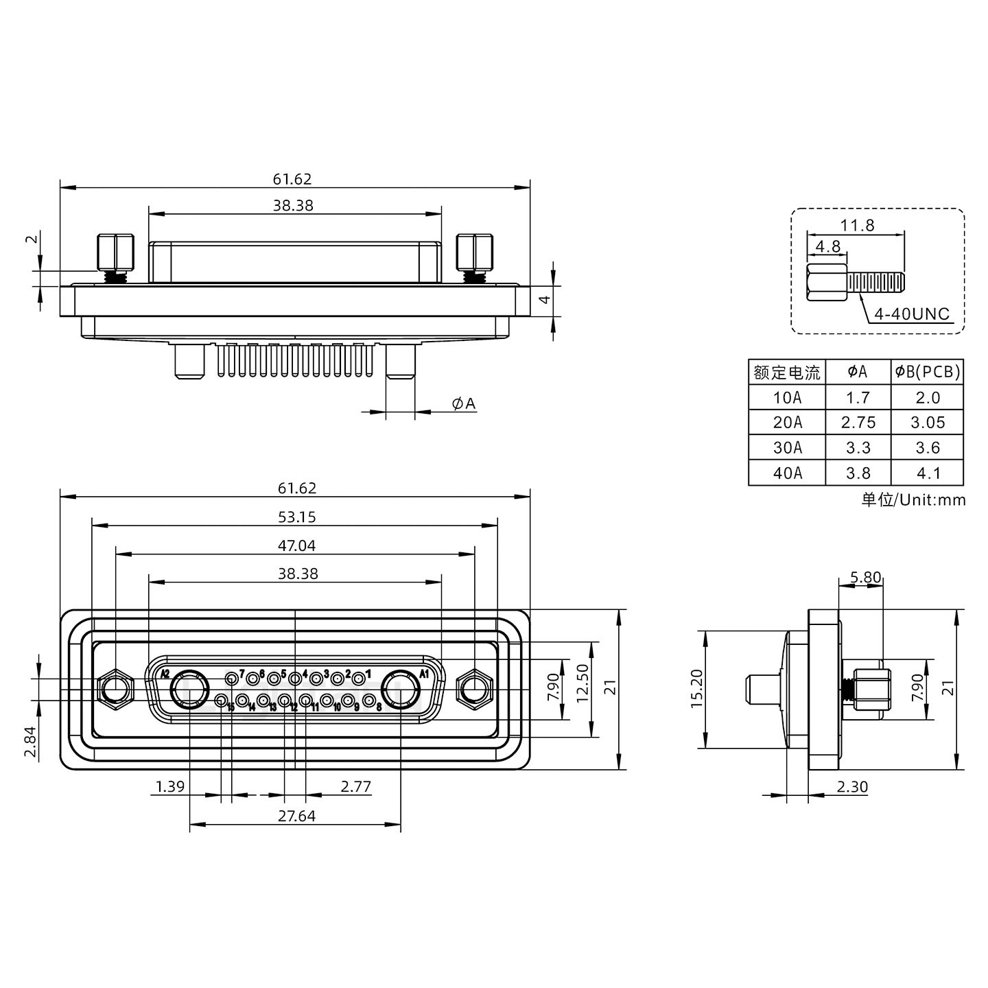 防水17W2母直插板/鎖螺絲/大電流40A