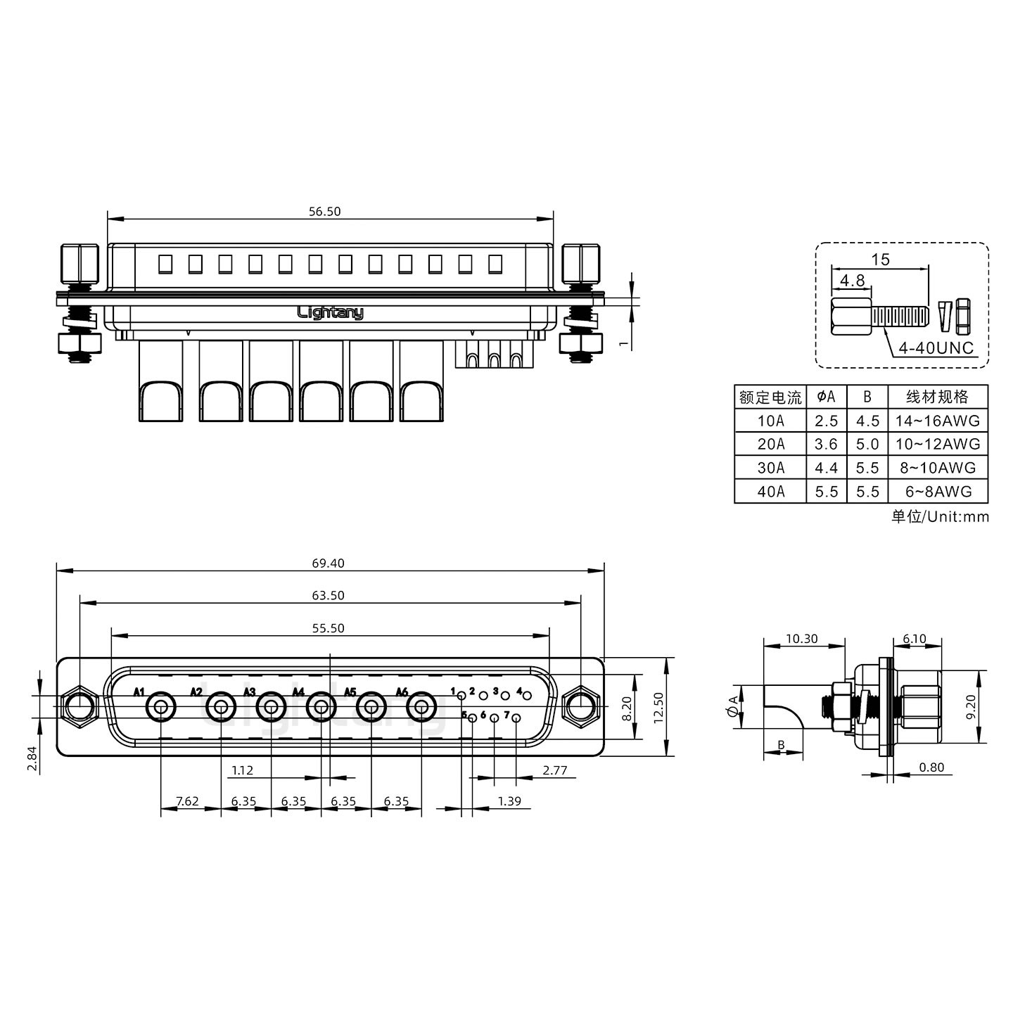 13W6B公焊線式/鎖螺絲螺母+防水墊片/大電流40A